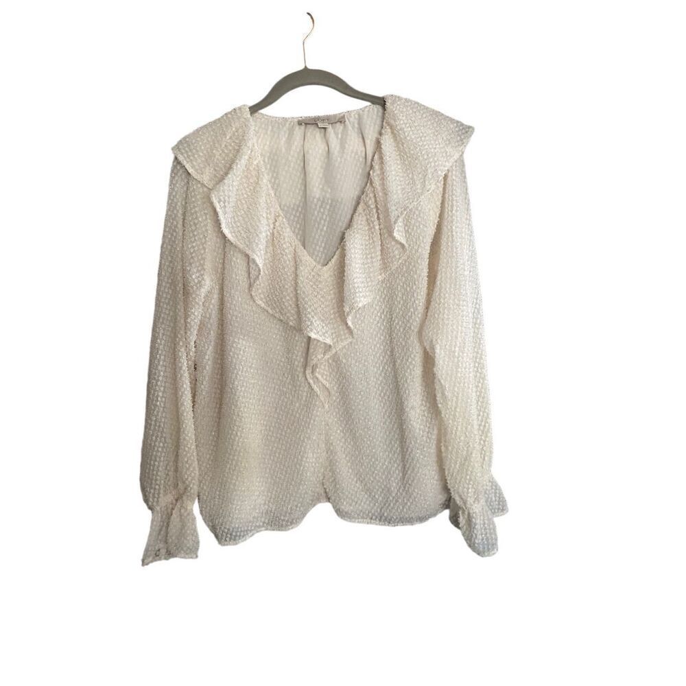 Loft white and gold shimmer ruffle Swiss.blouse size medium.